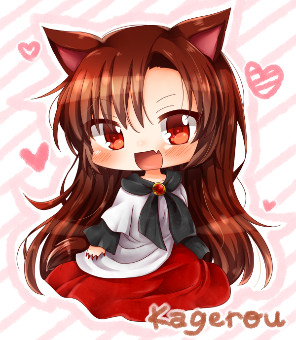 1girl animal_ears brooch brown_hair character_name fang fingernails grey_background heart heart-shaped_pupils imaizumi_kagerou jewelry layered_dress long_hair long_sleeves looking_at_viewer namino. open_mouth red_eyes red_fingernails sharp_fingernails smile solo symbol-shaped_pupils tail touhou wolf_ears wolf_tail