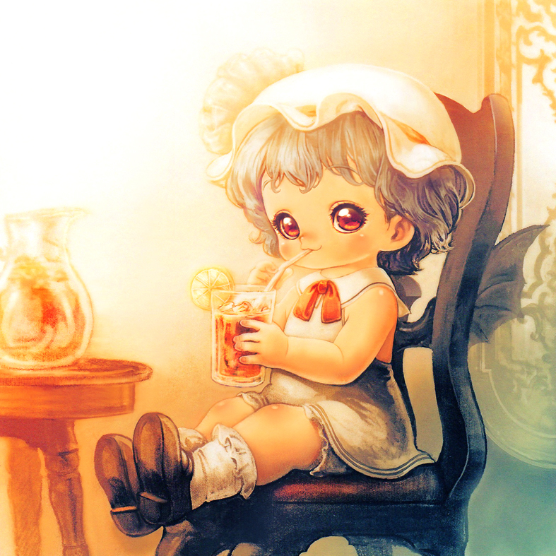 1girl :3 adapted_costume bat_wings bloomers chair child dress drinking drinking_glass drinking_straw hat hat_ribbon iced_tea jug looking_at_viewer mob_cap red_eyes remilia_scarlet ribbon silver_hair sitting sleeveless sleeveless_dress solo souri touhou underwear white_dress wings young