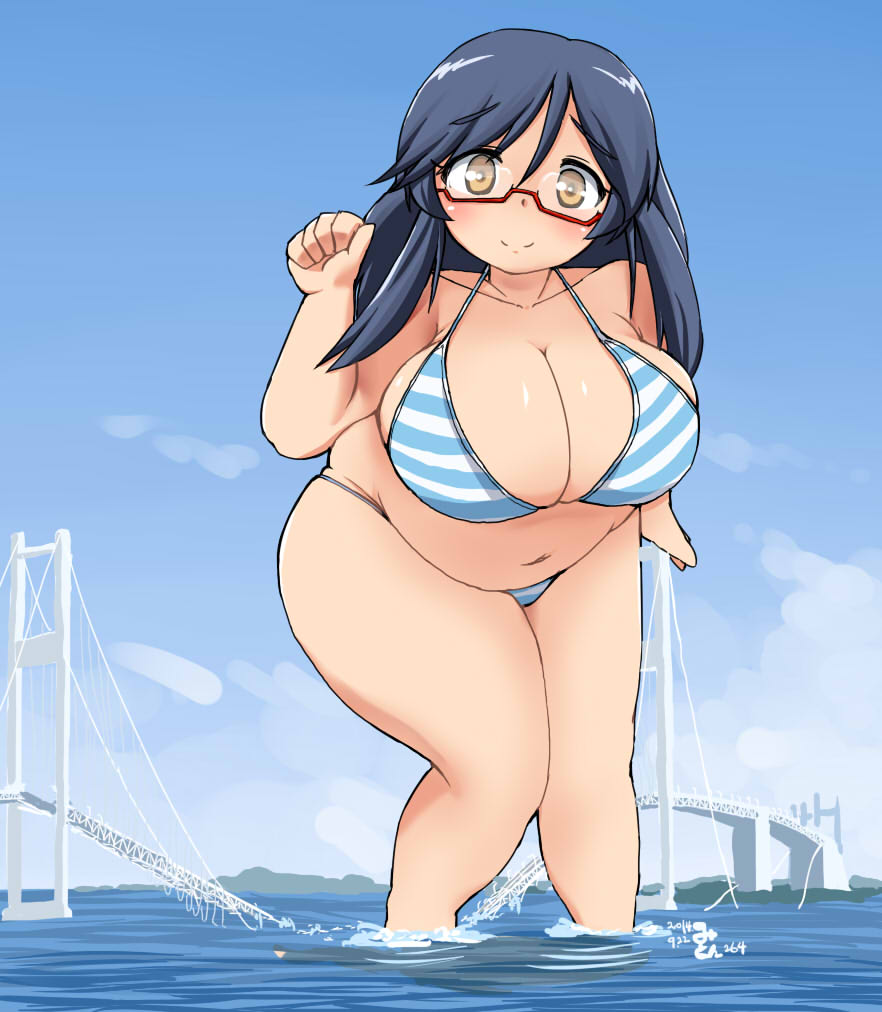 1girl belly bikini blue_hair breasts bridge brown_eyes cleavage giantess glasses huge_breasts looking_at_viewer mikomu original plump smile solo striped striped_bikini striped_swimsuit swimsuit thighs water