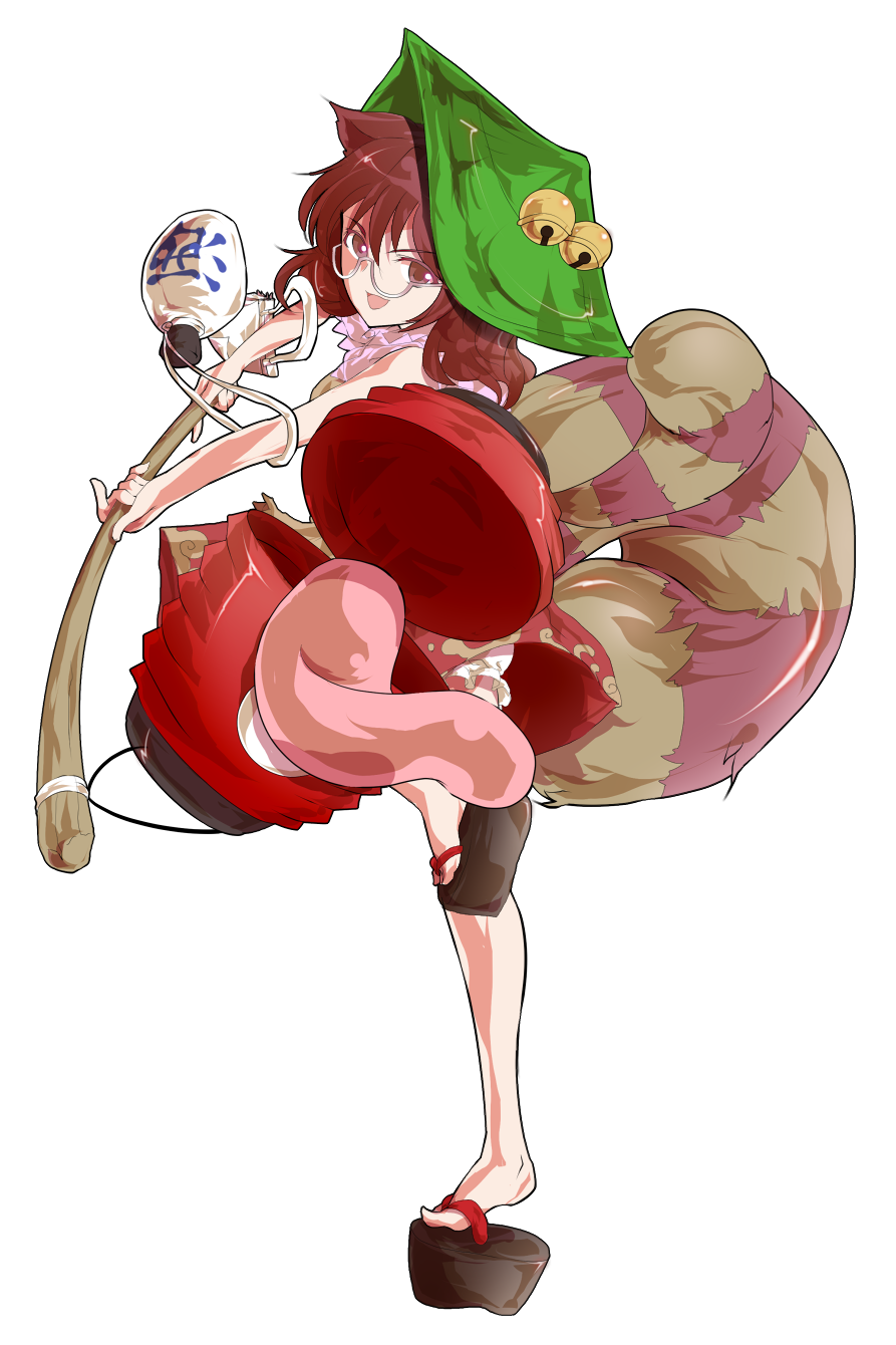 1girl alphes_(style) animal_ears bell brown_eyes brown_hair chouchin_obake dairi full_body futatsuiwa_mamizou glasses gourd hat highres lantern leaf open_mouth paper_lantern parody raccoon_ears raccoon_tail sandals semi-rimless_glasses smile standing_on_one_leg style_parody tail tongue touhou under-rim_glasses