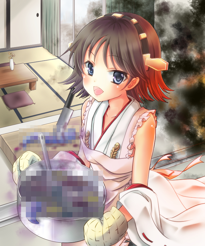 1girl ahoge apron bare_shoulders blue_eyes brown_hair censored censored_food chize cushion detached_sleeves flipped_hair gloves hair_ornament hairband headgear hiei_(kantai_collection) holding indoors japanese_clothes kantai_collection looking_at_viewer mosaic_censoring nontraditional_miko short_hair smoke solo tatami