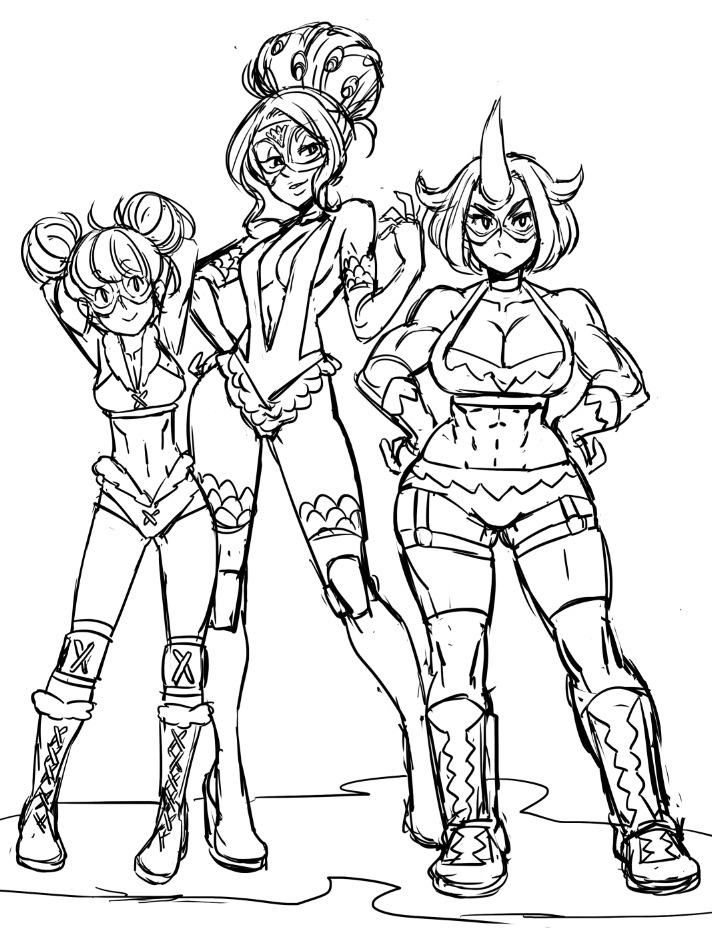 3girls abs boots breasts cleavage double_bun elbow_gloves fingerless_gloves gloves hands_on_hips height_difference horn mariel_cartwright midriff monochrome multiple_girls muscle navel original short_hair simple_background sketch smile white_background wrestling_mask wrestling_outfit