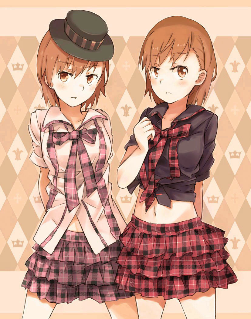 2girls brown_eyes brown_hair empty_eyes frilled_skirt frills hat misaka_imouto misaka_mikoto multiple_girls plaid plaid_skirt short_hair skirt tied_shirt to_aru_kagaku_no_railgun to_aru_majutsu_no_index tomato_(lsj44867)