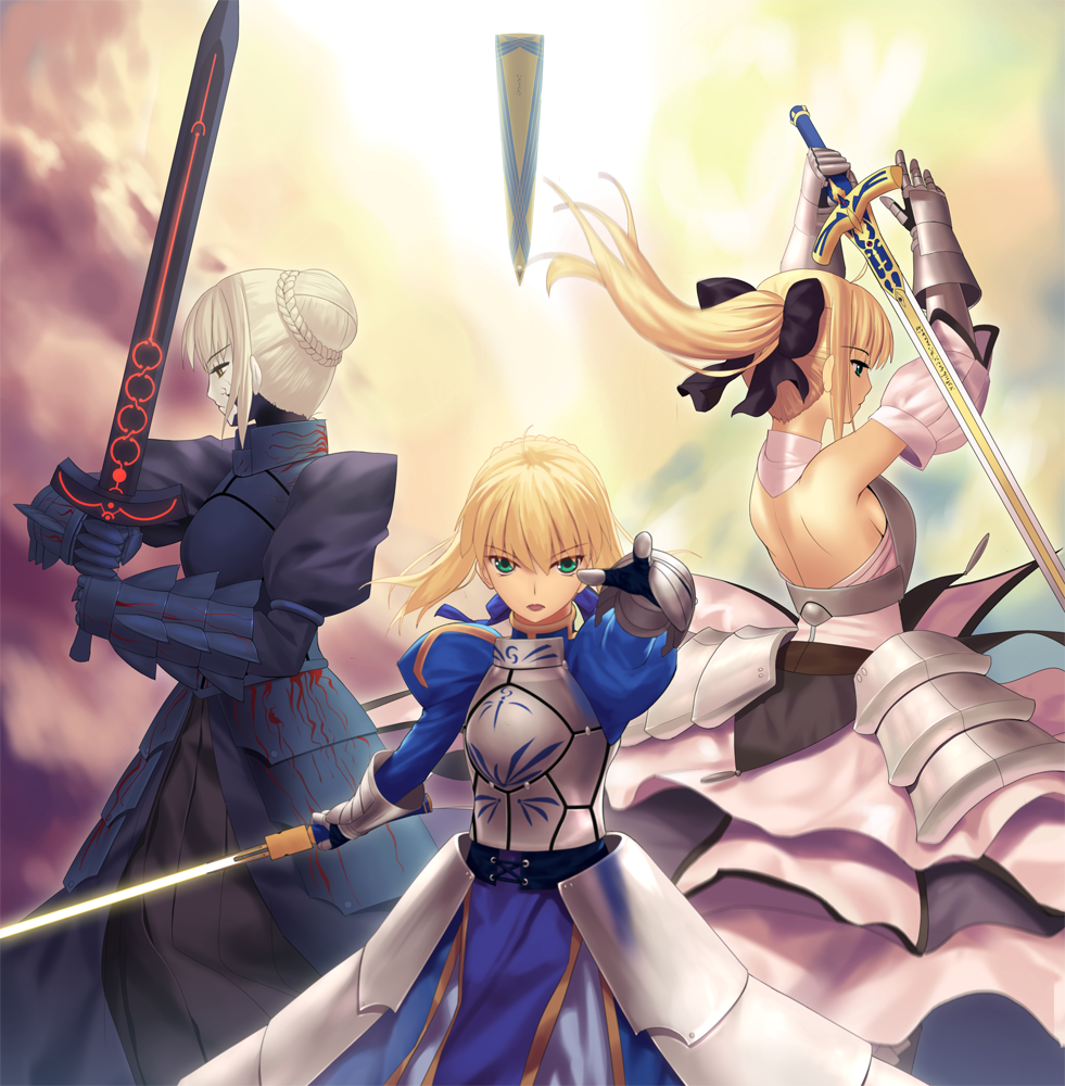 3girls ahoge armor armored_dress artoria_pendragon_(all) blonde_hair bow brown_eyes dark_persona excalibur fate/grand_order fate/stay_night fate/unlimited_codes fate_(series) gauntlets green_eyes hair_bow hair_ribbon holding light_brown_hair multiple_girls ponytail ribbon saber saber_alter saber_lily sword tsukikanade type-moon weapon