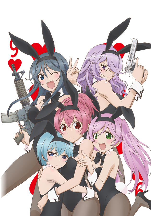 &gt;:) 5girls :d ;d animal_ears aqua_hair black_hair black_legwear blue_eyes bow breasts bunny_tail bunnysuit card card_(medium) cleavage detached_collar fake_animal_ears girl_sandwich goutokuji_kayo green_eyes gun hair_over_one_eye hairband heart high_heels high_ponytail hug kasugano_urara_(sabagebu!) kyoudou_maya long_hair mole multiple_girls mutual_hug official_art one_eye_closed ootori_miou open_mouth pantyhose pink_hair playing_card purple_hair rabbit_ears red_eyes sabagebu! sandwiched short_hair smile sonokawa_momoka tail v violet_eyes weapon wrist_cuffs