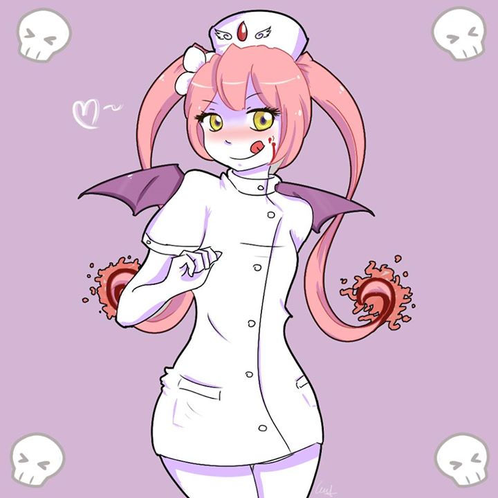 &gt;_&lt; 1girl artist_request bangs blood blood_on_face blush borrowed_character bottomless buttons cowboy_shot demon_wings ebola-chan flower hair_flower hair_ornament hat heart jpeg_artifacts legs_together long_hair looking_at_viewer nurse nurse_cap original pale_skin payot personification pink_hair purple_background short_sleeves simple_background skull solo source_request spoken_heart tongue tongue_out twintails white_skin wings yellow_eyes
