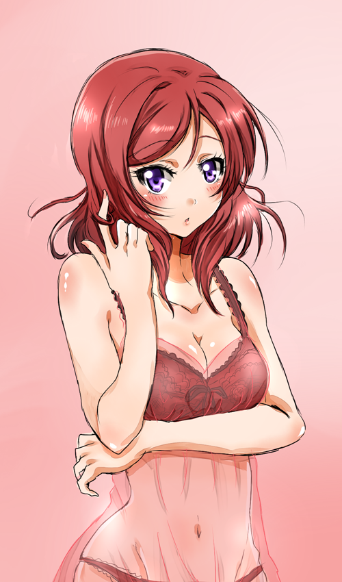 1girl :o bare_shoulders blush bra breast_hold cowboy_shot hair_twirling lingerie looking_at_viewer love_live!_school_idol_project navel negligee nishikino_maki pink_background red_bra redhead shogo_(4274732) short_hair solo underwear violet_eyes