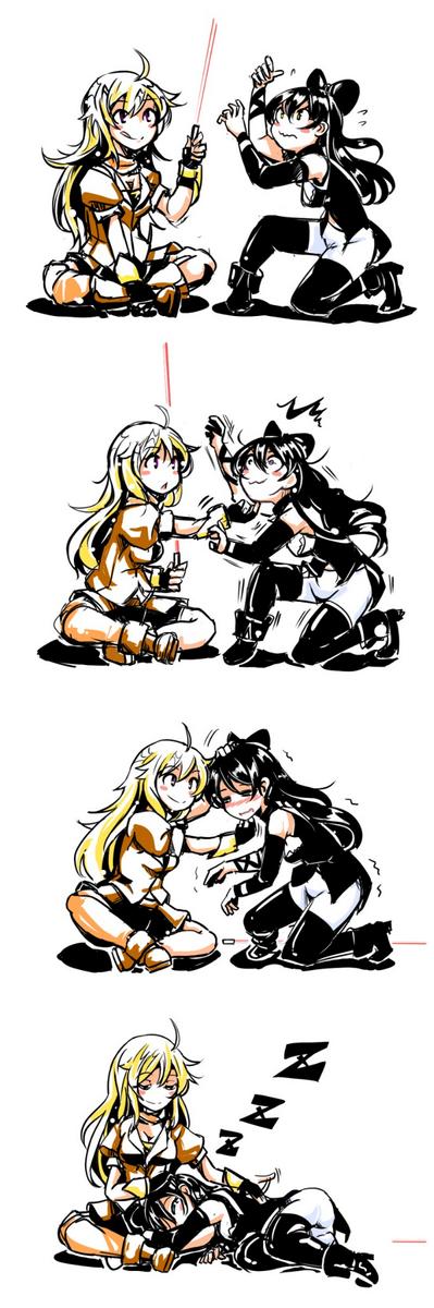 artist_request black_hair blake_belladonna blonde_hair boots bow breasts gauntlets gloves hair_bow highres laser_pointer long_hair multiple_girls pantyhose rwby smile yang_xiao_long yellow_eyes