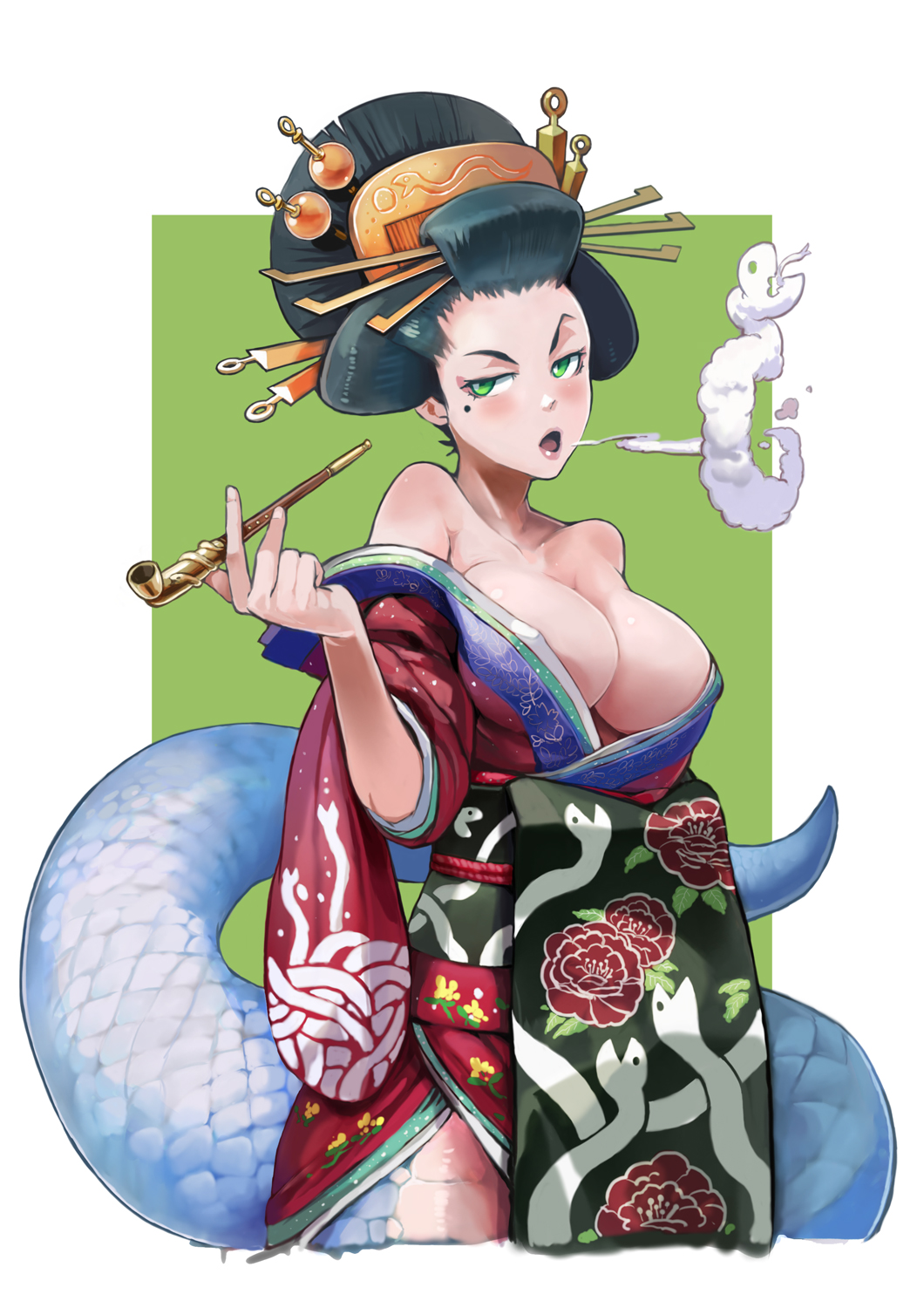 1girl blowing_smoke blush breasts cleavage green_eyes green_hair hair_ornament hair_stick highres idolmaster japanese_clothes kiseru kousaku lamia large_breasts looking_at_viewer mole monster_girl original ornate pipe smoke smoking_pipe snake snake_tail solo