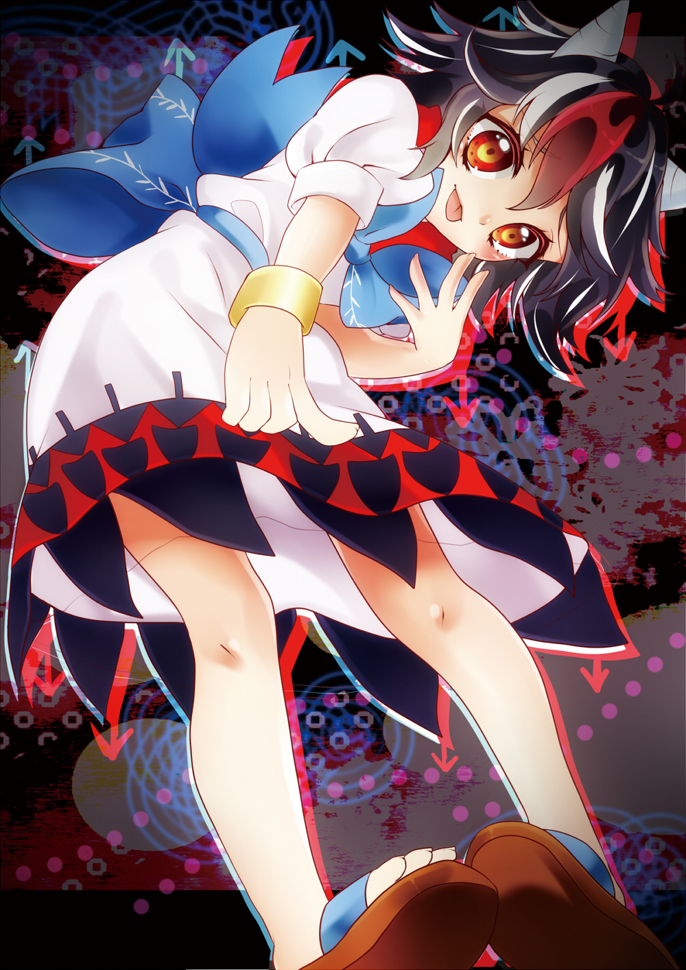 1girl :p bent_over black_hair brown_eyes highres horns kijin_seija looking_at_viewer multicolored_hair solo suzuka_sario tongue tongue_out touhou two-tone_hair