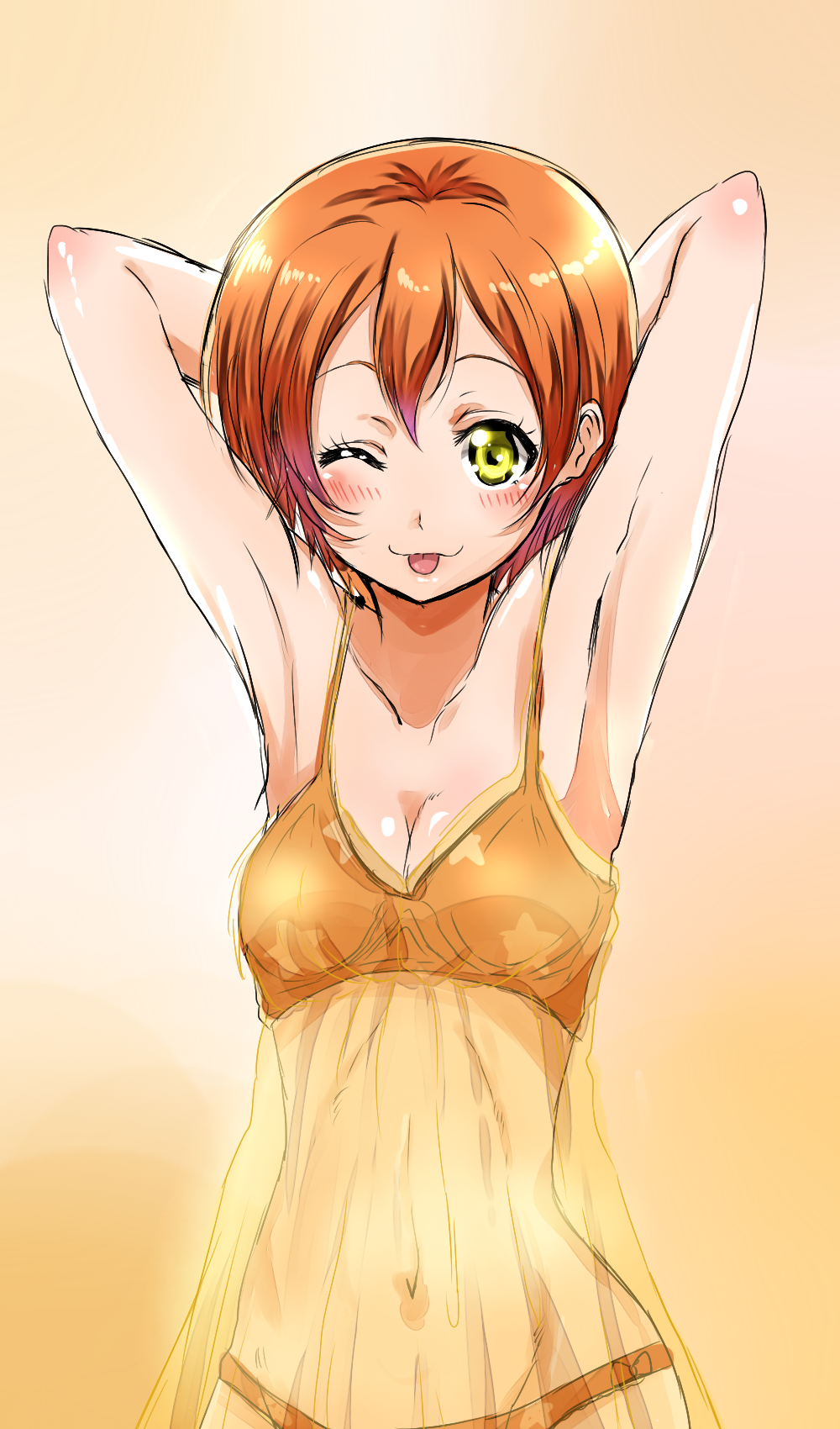 1girl ;p armpits arms_behind_head arms_up blush bra cowboy_shot highres hoshizora_rin lingerie looking_at_viewer love_live!_school_idol_project navel negligee one_eye_closed orange_background orange_bra orange_panties panties shogo_(4274732) short_hair solo tongue tongue_out underwear yellow_eyes