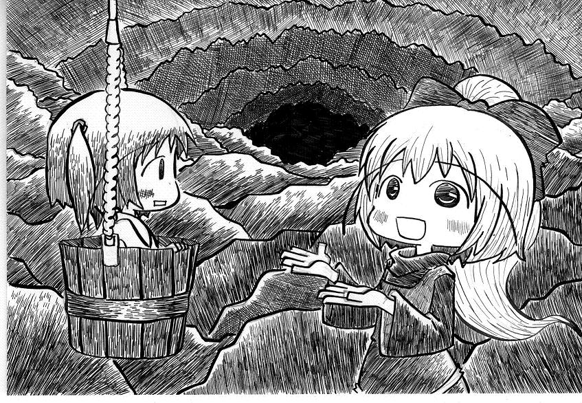 2girls bow bucket cave dress hair_bobbles hair_bow hair_ornament in_bucket in_container kisume kurodani_yamame monochrome multiple_girls nib_pen_(medium) open_mouth ponytail ribbon short_hair smile soyanrai touhou traditional_media twintails