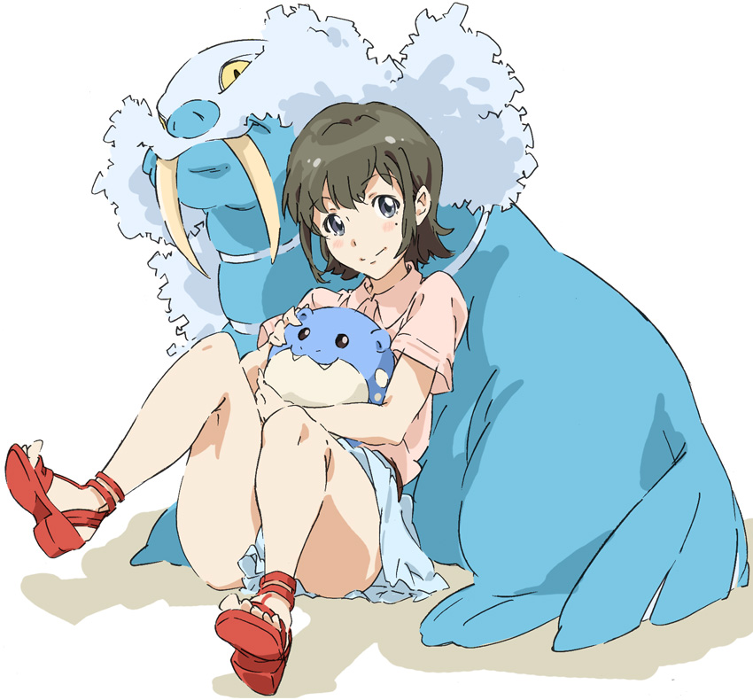 1girl blue_eyes blush brown_hair crossover full_body hayashida_airi looking_at_viewer mole pokemon pokemon_(creature) short_hair simple_background smile solo spheal tagme umanosuke wake_up_girls! walrein white_background