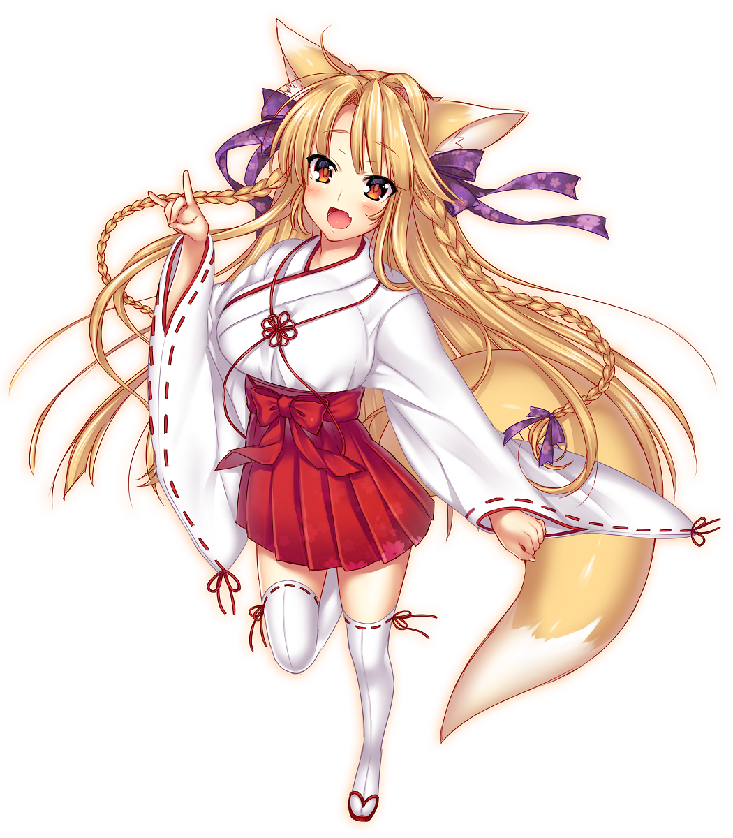 1girl akashi15 animal_ears blonde_hair braiding_hair fang fox_ears fox_tail hair_ribbon hairdressing highres japanese_clothes long_hair miko open_mouth orange_eyes original ribbon ribbon-trimmed_legwear ribbon-trimmed_sleeves ribbon_trim sandals skirt solo tail thigh-highs twintails