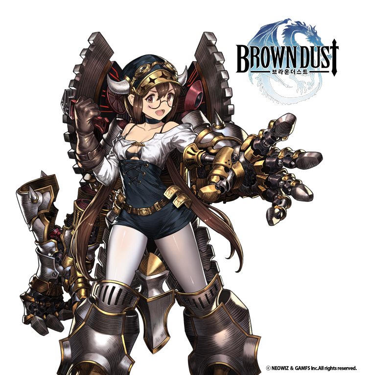 1girl :d armor armored_boots bare_shoulders belt belt_buckle black-framed_eyewear black_bra blue_choker boots bra breasts brown_belt brown_dust brown_eyes brown_gloves brown_hair buckle choker clenched_hand collarbone copyright_name cowboy_shot cross-laced_clothes dress glasses gloves hat horned_headwear horns ing9 legs_apart long_hair looking_at_viewer low_twintails off-shoulder_shirt open_mouth pantyhose semi-rimless_glasses shirt simple_background single_gauntlet single_glove small_breasts smile solo spread_fingers standing twintails under-rim_glasses underwear very_long_hair white_background white_legwear