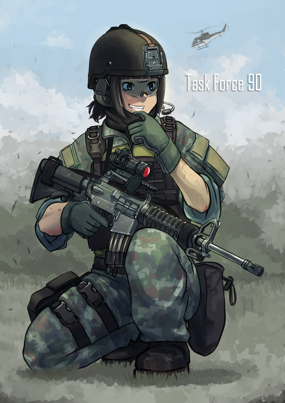 1girl aimpoint assault_rifle camouflage camouflage_pants car-15 english erica_(naze1940) gun helicopter helmet highres military military_uniform operator original pants rifle solo thailand uniform weapon