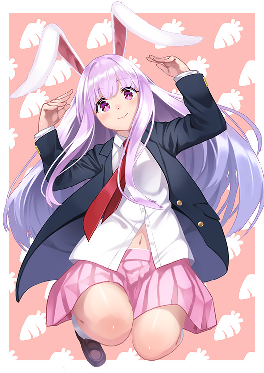 1girl animal_ears blazer blush dress_shirt kyon_(fuuran) long_hair long_sleeves looking_at_viewer navel necktie purple_hair rabbit_ears red_eyes reisen_udongein_inaba shirt skirt smile solo touhou