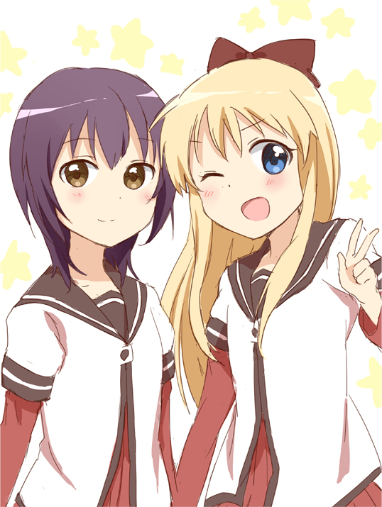 2girls :d blonde_hair blue_eyes blush brown_eyes bust funami_yui long_hair long_sleeves looking_at_viewer multiple_girls one_eye_closed open_mouth purple_hair sailor_collar school_uniform serafuku shimoku_reyu short_hair smile star starry_background toshinou_kyouko w yuru_yuri