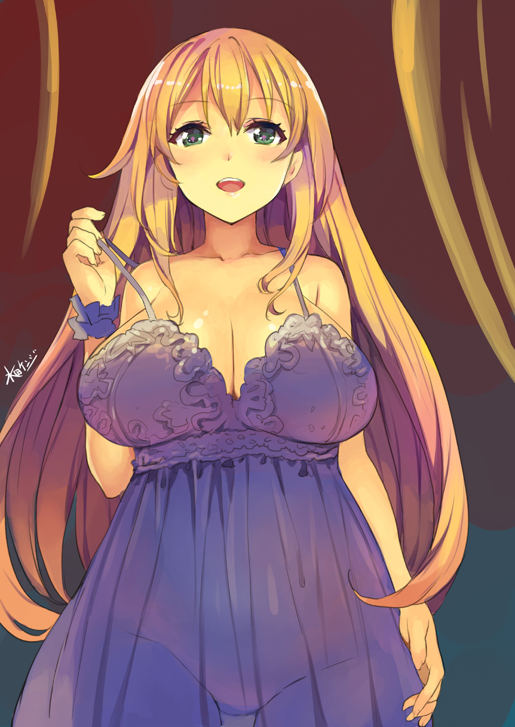 1girl alternate_costume atago_(kantai_collection) bare_shoulders blonde_hair blush breasts cleavage cowboy_shot green_eyes highres kantai_collection large_breasts lingerie long_hair mound_of_venus negligee no_bra no_panties open_mouth see-through solo strap_slip suidengetsu underwear very_long_hair