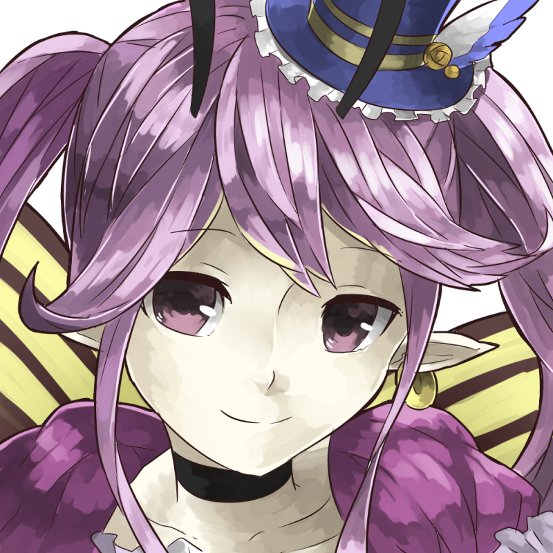 1girl antennae butterfly_wings cattleya_(p&amp;d) choker collarbone earrings fairy frills hat jewelry long_hair looking_at_viewer mini_top_hat mosamune pointy_ears purple_hair puzzle_&amp;_dragons simple_background single_earring smile solo top_hat twintails violet_eyes white_background wings