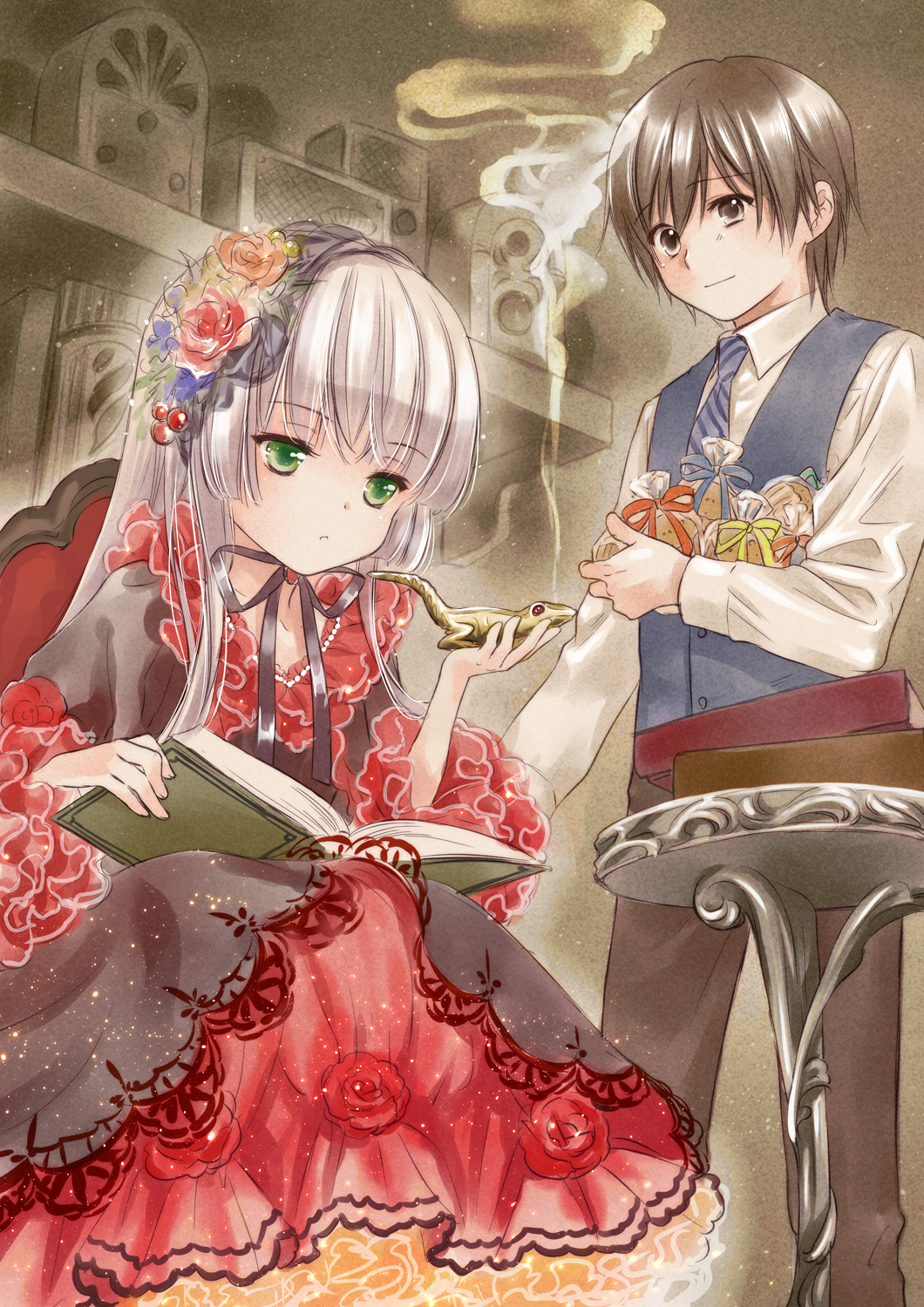 1boy 1girl amano_sakuya book brown_eyes brown_hair carrying chin_strap dress flower formal frilled_dress frills gosick gosick_red gown hairband highres hime_cut lace lizard lolita_fashion long_hair muffin necktie official_art older open_book red_rose ribbon rose short_hair silver_hair smile smoke smoking table vest victorica_de_blois