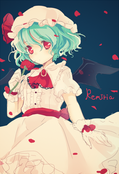 1girl ascot bat_wings black_background blue_hair bow brooch character_name flower hat hat_bow jewelry karunabaru petals redhead remilia_scarlet rose solo touhou wings