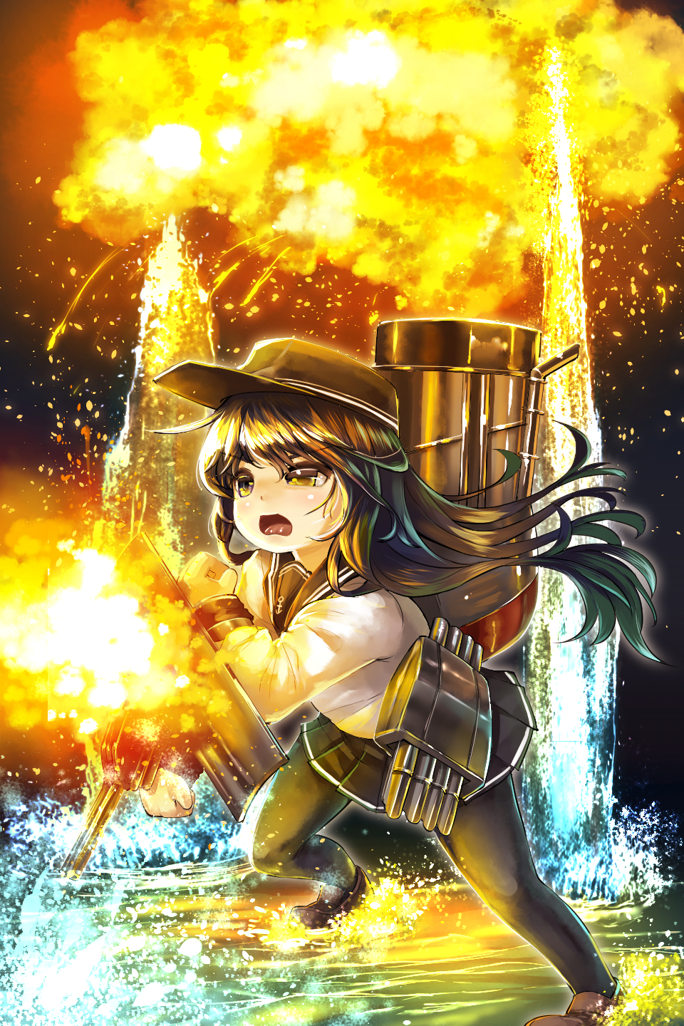 1girl akatsuki_(kantai_collection) black_hair danbo_(rock_clime) explosion hat highres kantai_collection long_hair open_mouth running running_on_water school_uniform skirt solo water