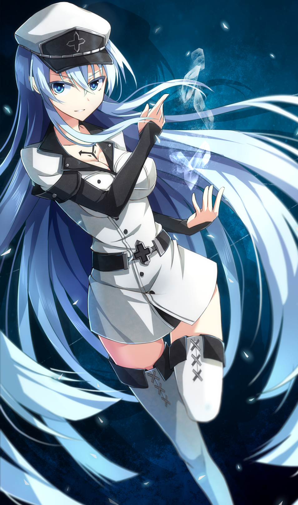 1girl akame_ga_kill! blue_eyes blue_hair boots breasts esdeath hat highres ice long_hair looking_at_viewer military nikkunemu peaked_cap solo standing_on_one_leg tattoo thigh-highs thigh_boots very_long_hair white_legwear zettai_ryouiki