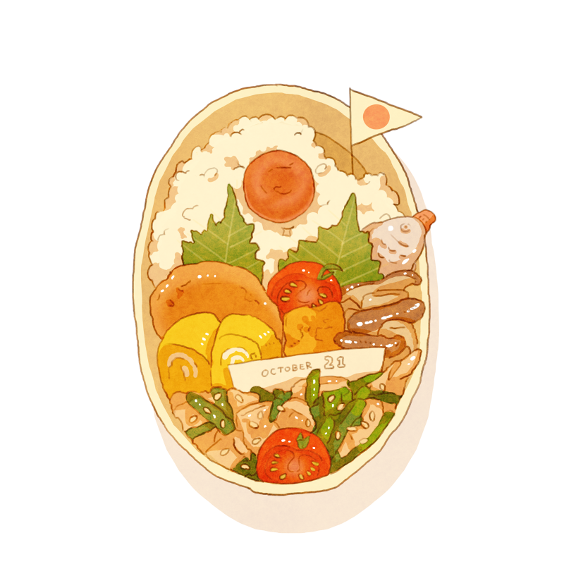 dated egg flag food fruit k_hamsin no_humans obentou omelet original rice sesame_seeds tamagoyaki tomato umeboshi white_background