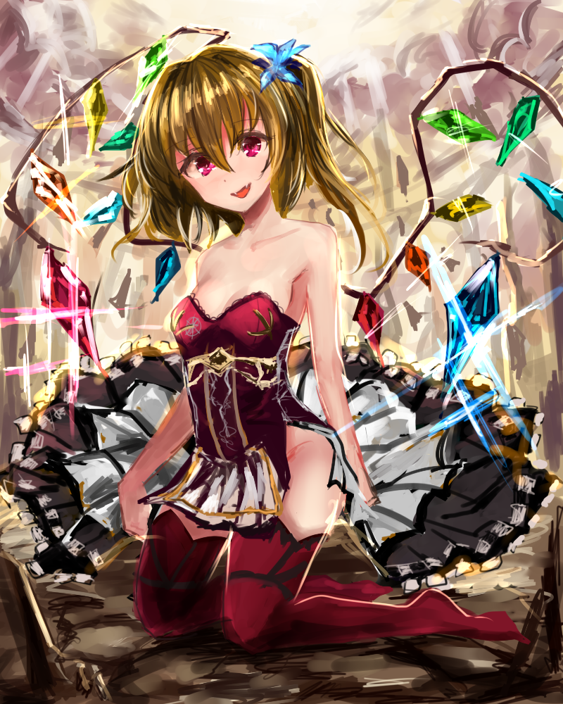 1girl alternate_costume bare_shoulders blonde_hair crystal dress fangs flandre_scarlet frills hair_ornament kneeling looking_at_viewer no_hat no_headwear no_panties open_mouth red_eyes red_legwear short_dress short_hair smile solo sparkle strapless_dress takane_soprano thigh-highs touhou wings