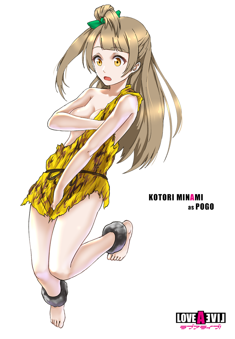 1girl anklet bare_shoulders barefoot blush bow breasts brown_hair cleavage covering covering_breasts infinote jewelry live_a_live long_hair love_live!_school_idol_project minami_kotori open_mouth pogo_(live_a_live)_(cosplay) side_ponytail solo