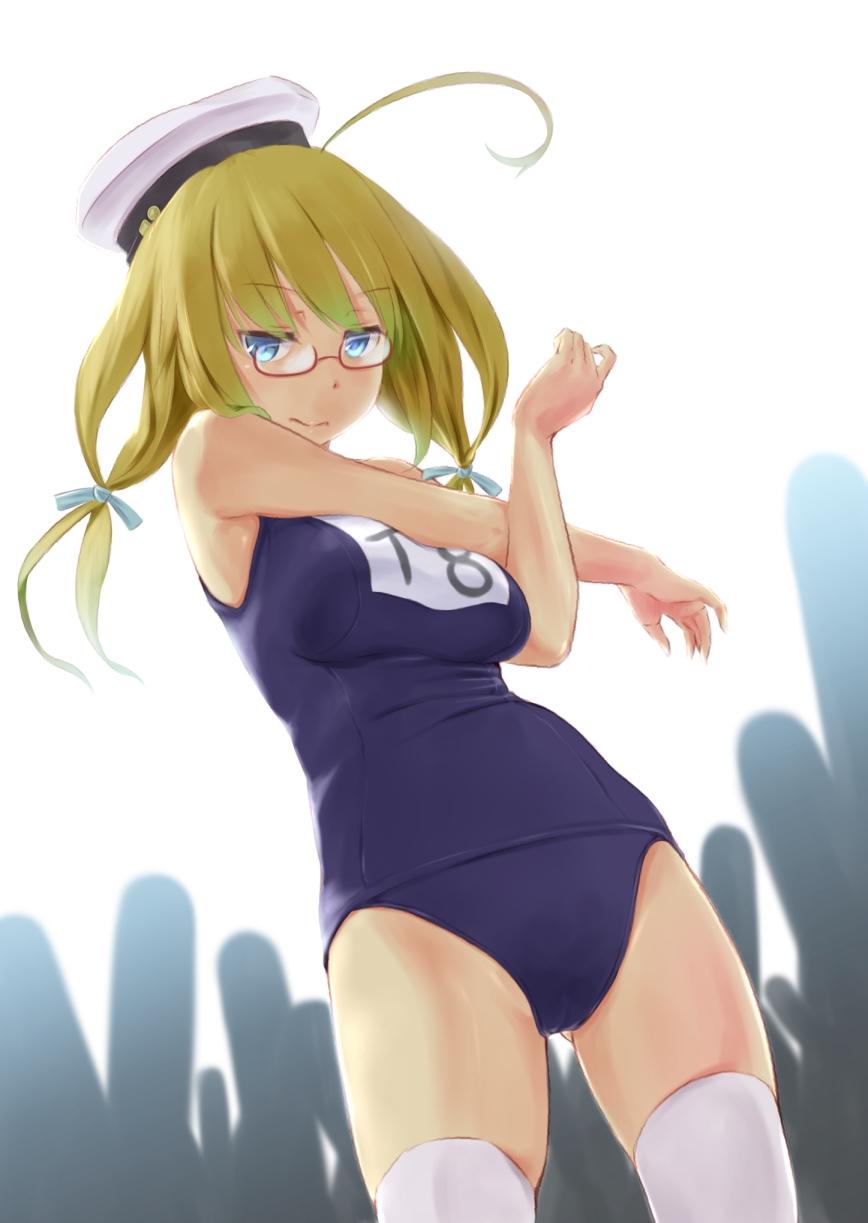 1girl ahoge blonde_hair blue_eyes breasts glasses hat highres i-8_(kantai_collection) kantai_collection large_breasts long_hair looking_at_viewer low_twintails one-piece_swimsuit red-framed_glasses school_swimsuit solo swimsuit thigh-highs twintails wa_(genryusui) white_legwear