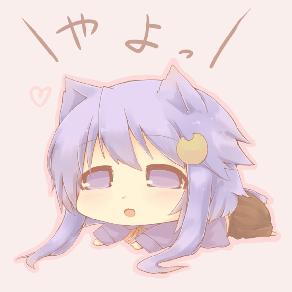 1girl animal_ears cat_ears cat_tail chibi commentary crescent crescent_hair_ornament hair_ornament hazuki_ruu heart kantai_collection kemonomimi_mode lying on_stomach open_mouth purple_hair shirt skirt solo tail translated violet_eyes yayoi_(kantai_collection)