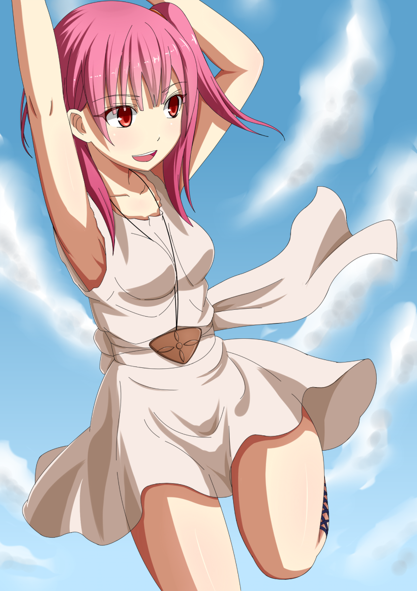1girl :d armpits dress hands_up highres jewelry kurohachiboku looking_at_viewer magi_the_labyrinth_of_magic morgiana open_mouth pendant pink_hair red_eyes side_ponytail smile solo