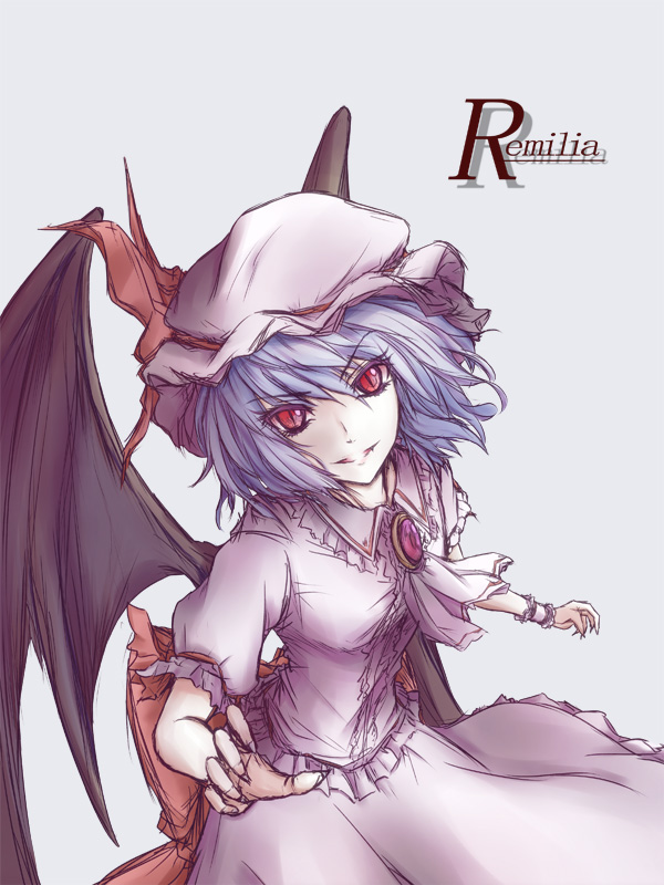 1girl bat_wings blue_hair bow brooch character_name cowboy_shot fingernails frilled_shirt frilled_skirt frills hacchi_(kyo-666) hat hat_bow jewelry looking_at_viewer mob_cap reaching red_eyes remilia_scarlet sharp_fingernails short_hair simple_background skirt slit_pupils smile solo touhou wings