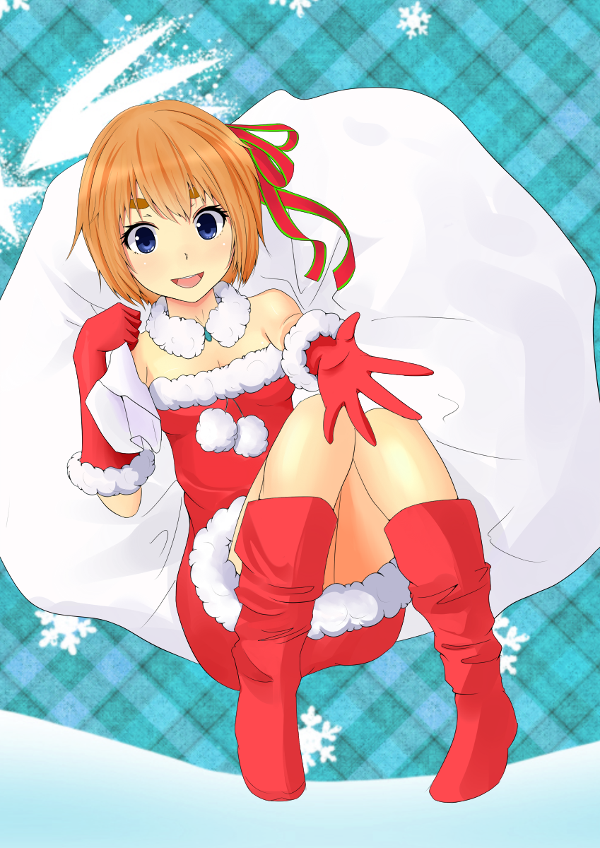 1girl :d blue_eyes boots bow brown_hair colored elbow_gloves eyebrows gloves hair_bow hair_ribbon highres looking_at_viewer o_daizen open_mouth orange_hair original reaching ribbon santa_costume short_hair smile solo thick_eyebrows