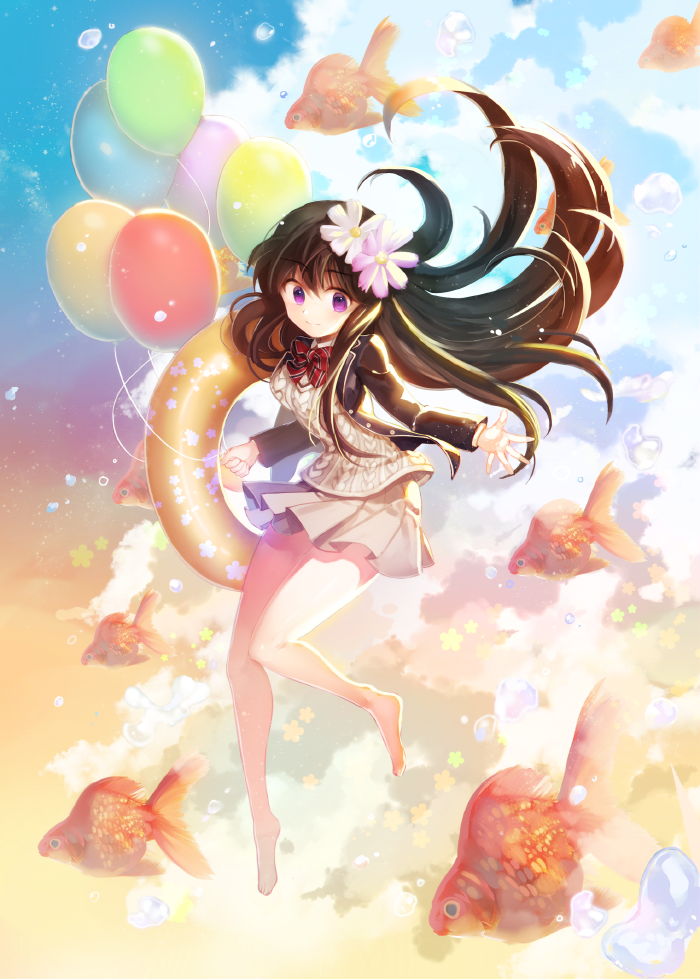 1girl balloon barefoot black_hair bubble clouds fish flower goldfish hair_flower hair_ornament innertube jacket legs long_hair original ribbon skirt sky smile solo vest violet_eyes