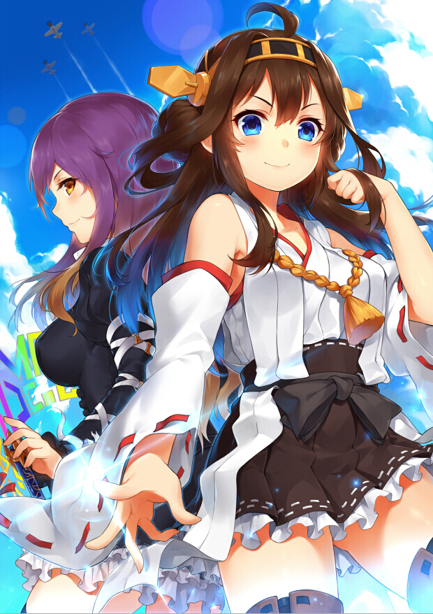 &gt;:) 2girls airplane bare_shoulders blonde_hair blue_eyes brown_hair crossover detached_sleeves double_bun frilled_skirt frills gradient_hair hairband headgear hijiri_byakuren japanese_clothes kantai_collection kongou_(kantai_collection) long_hair multicolored_hair multiple_girls nontraditional_miko open_mouth purple_hair ribbon-trimmed_sleeves ribbon_trim skirt smile suika01 thigh-highs touhou yellow_eyes