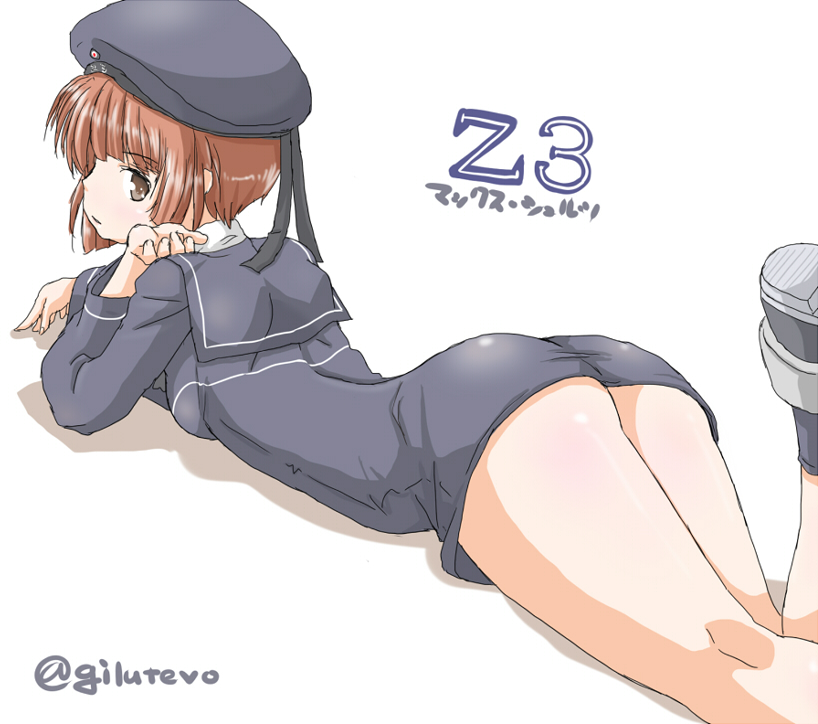1girl ass auburn_hair beret blush bottomless brown_eyes brown_hair character_name clothes_writing elbow_rest hat jack_(slaintheva) kantai_collection leg_up long_sleeves lying military military_uniform on_stomach sailor_collar sailor_hat shadow short_hair simple_background solo twitter_username uniform white_background z3_max_schultz_(kantai_collection)