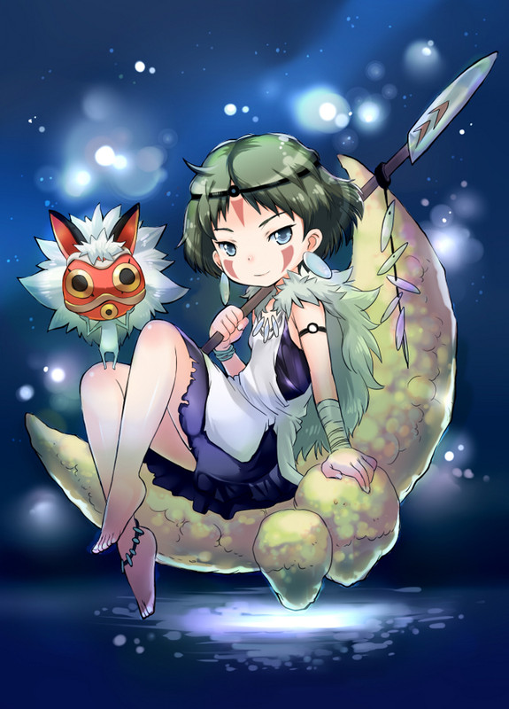 1girl alternate_design anklet armlet barefoot brown_eyes brown_hair dress earrings facepaint facial_mark fur headband holding jewelry mask mimishiki mononoke_hime necklace polearm san short_hair sitting smile solo spear studio_ghibli weapon