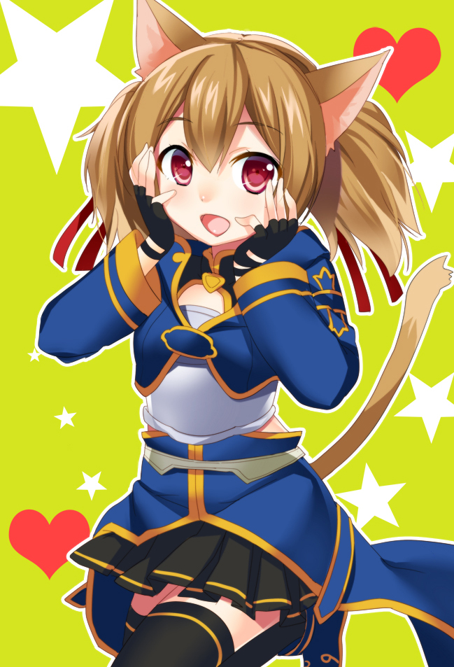 1girl animal_ears breastplate brown_hair cat_ears cat_tail hands_on_own_face mochiko_(mochiko3121) red_eyes short_hair silica sword_art_online tail twintails