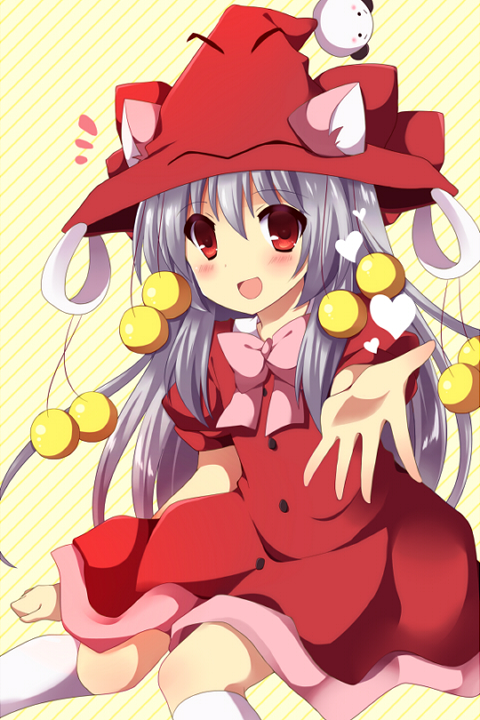 1girl :d character_request dress hat long_hair looking_at_viewer open_mouth reaching red_dress red_eyes silver_hair smile solo towelket_wo_mou_ichido uguisu_mochi_(ykss35) witch_hat