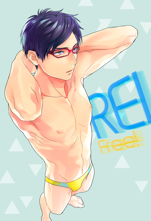 1boy blue_hair free! glasses k29 male muscle navel red-framed_glasses ryuugazaki_rei swim_briefs swimsuit violet_eyes