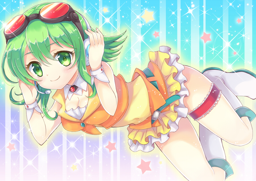 1girl breasts cleavage frilled_skirt frills goggles goggles_on_head green_eyes green_hair gumi hands_on_headphones harimoji headphones headset looking_at_viewer short_hair skirt smile solo vocaloid