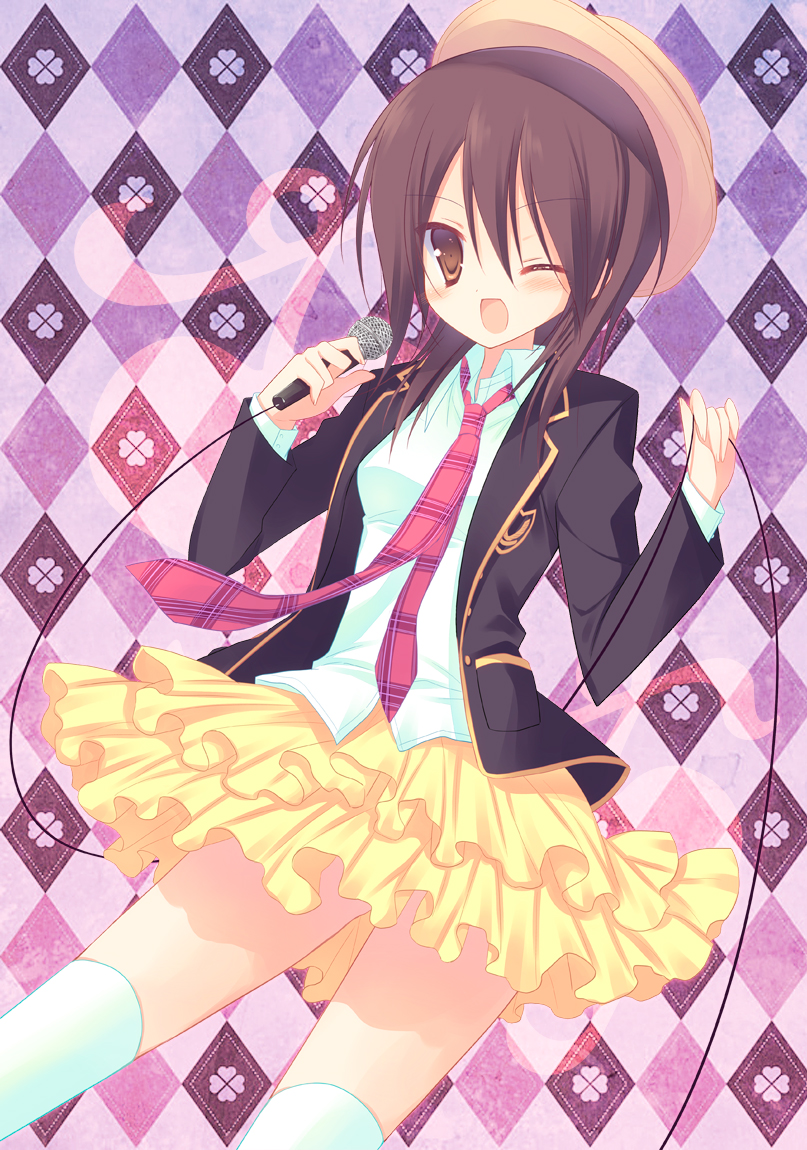 1girl ;d ayuzawa_misaki blazer brown_eyes brown_hair checkered checkered_background frilled_skirt frills hat holding kaichou_wa_maid-sama! looking_at_viewer microphone necktie one_eye_closed open_mouth school_uniform skirt smile solo sumii thigh-highs white_legwear