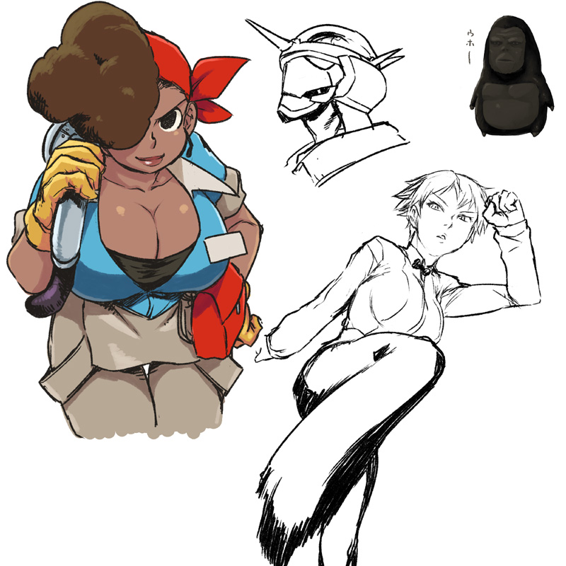 afro bandana brain_drain_(skullgirls) breasts brown_hair cleavage clothes_around_waist collage cropped_legs dark_skin fighting_stance gloves hair_over_one_eye hand_on_hip kicking king_(snk) king_of_fighters large_breasts lips name_tag overalls roxie_(skullgirls) sketch skullgirls smile thigh_gap tsukudani_(coke-buta)