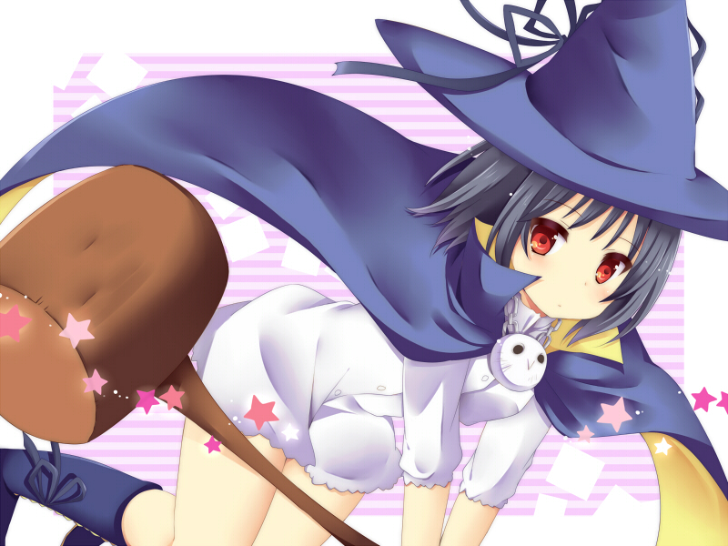 1girl black_hair cape hat holding looking_at_viewer maji_moji_rurumo red_eyes rurumo short_hair solo staff uguisu_mochi_(ykss35) witch_hat