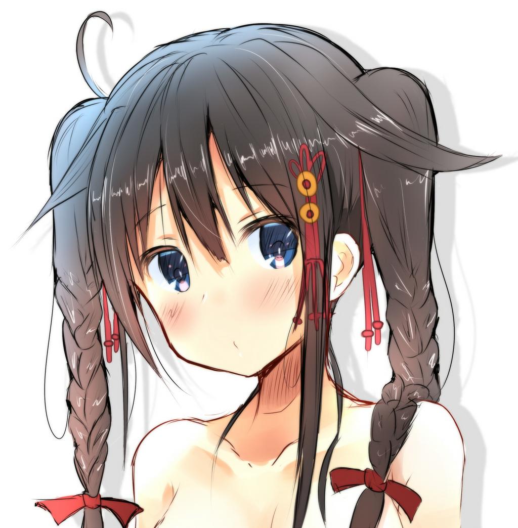 1girl alternate_hairstyle atsutoku blue_eyes braid collarbone hair_ornament kantai_collection long_hair looking_at_viewer out-of-frame_censoring portrait shigure_(kantai_collection) solo twintails
