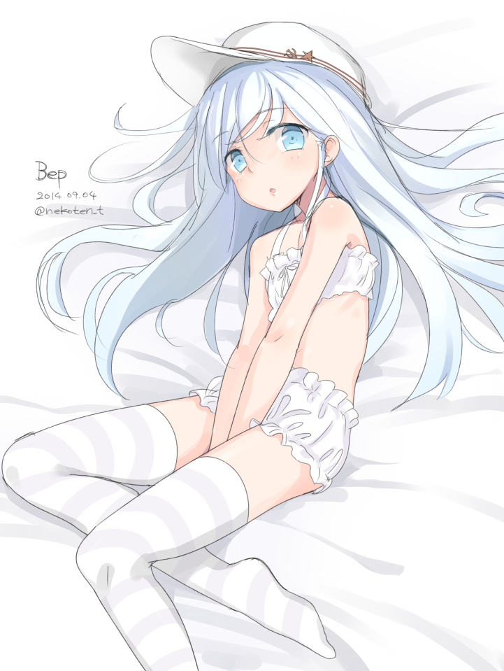 1girl :o alternate_costume bloomers blue_eyes blush character_name cinderella_bust dated fujishiro_touma hat hibiki_(kantai_collection) kantai_collection long_hair looking_at_viewer lying on_back silver_hair solo striped striped_legwear twitter_username underwear v_arms verniy_(kantai_collection)