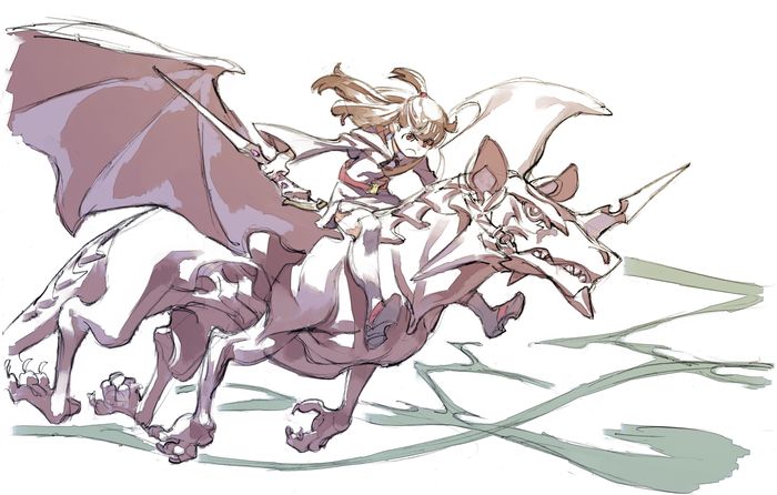 1girl akko_kagari dragon flying little_witch_academia long_hair official_art riding wand wings yoshinari_you